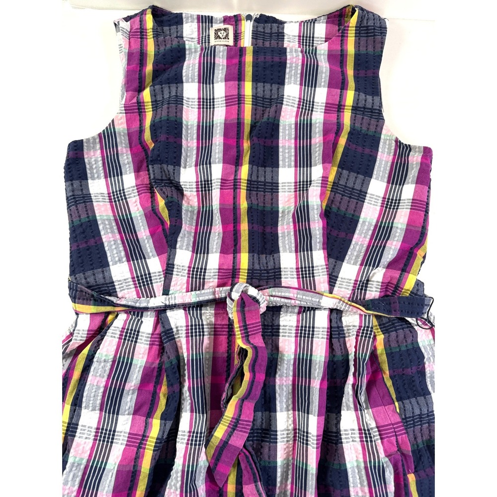 Anne Klein Womens Plaid Sleeveless Fit Flare Belted Dress Magenta Navy Yellow 12 - Picture 12 of 13